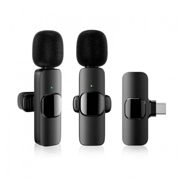 Set microfoane asyrmate pyknotice Type-C pentru camera si telefon, 12x8x3cm, negru, 2 bucati