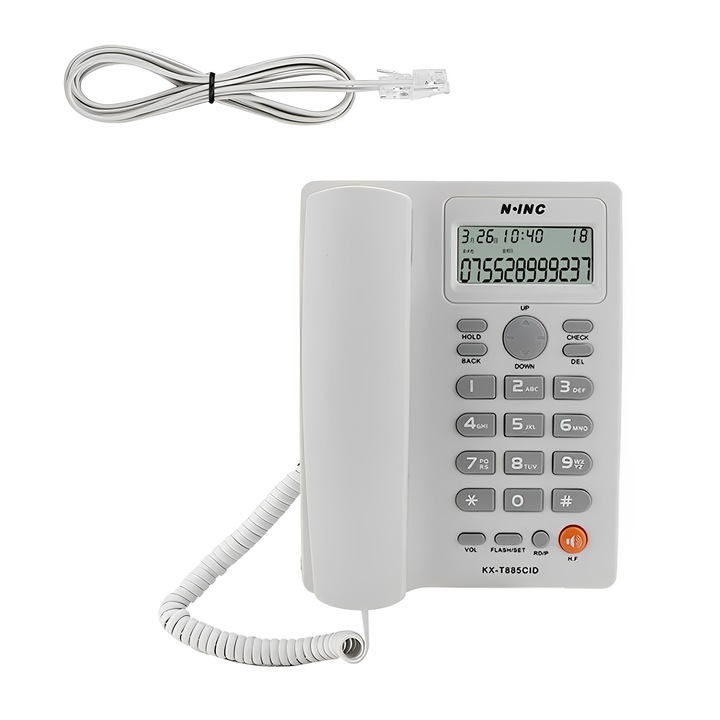 Telefon cu fir N-INC, set cu megafon, alb, 20x16x7cm, afisaj pe trei linii, difuzor hands-free