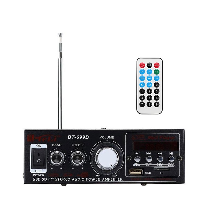 Amplificator BT-699D, 10W, Bluetooth, FM, USB, TF, 12V/220V, 16.5x16.5x6cm