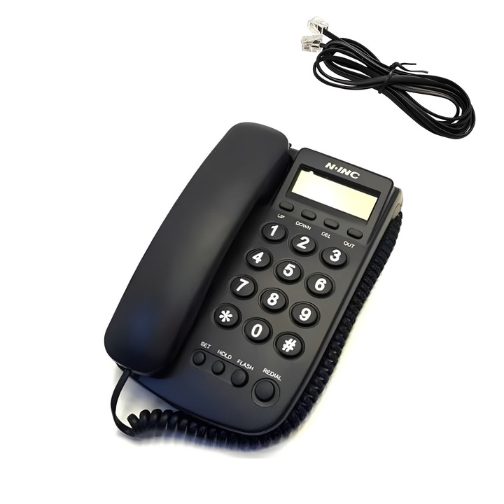 Telefon cu fir Pashaphone, model KX-T078CID, 16 optiuni de sunet, 21x13x8cm, negru
