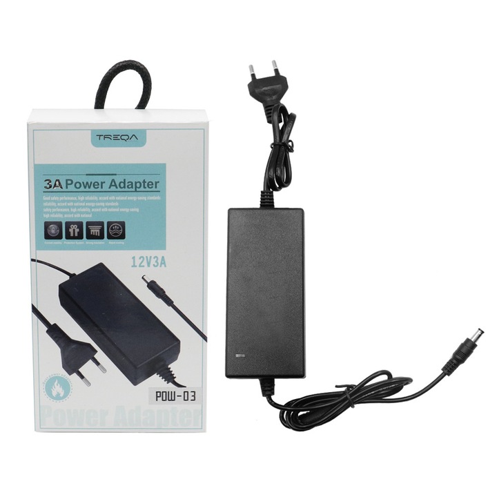 Adaptor Treqa 220V AC la DC 12V 3A, 12x5x3cm, pentru echipamente electronice