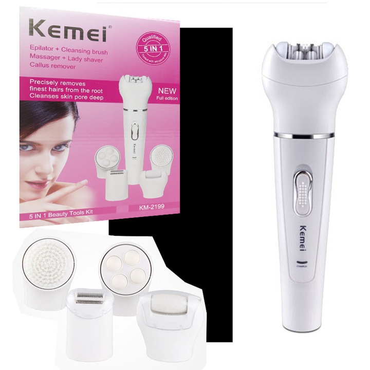 Set Epilatoare Kemei KM-2199, 4 accesorii, masaj, alb, 15x2cm