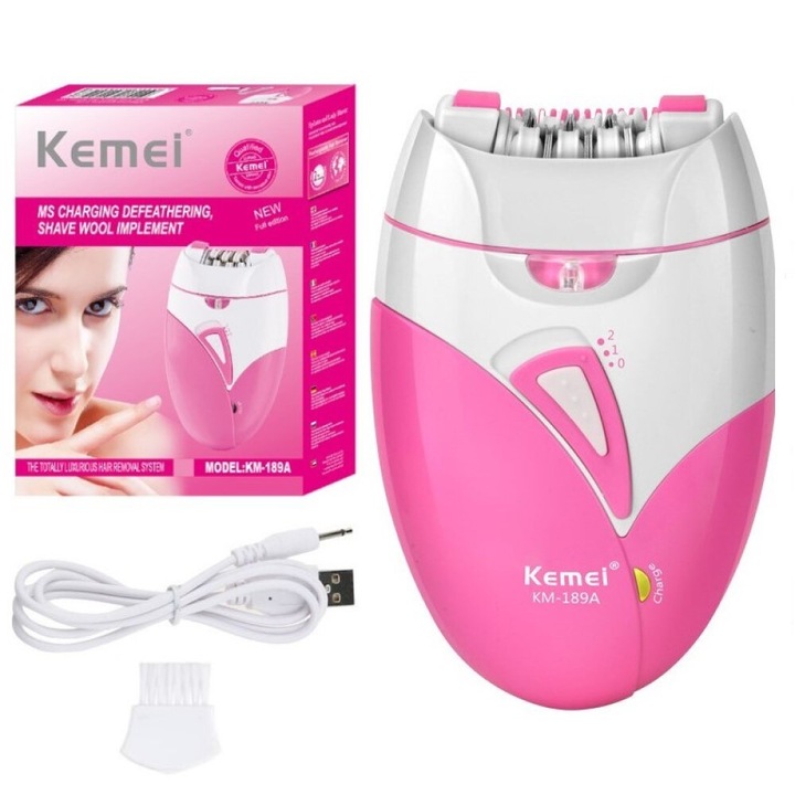 Epilator Kemei KM-189A, roz-alb, 2 viteze, 45 minute autonomie, 10x3x6cm