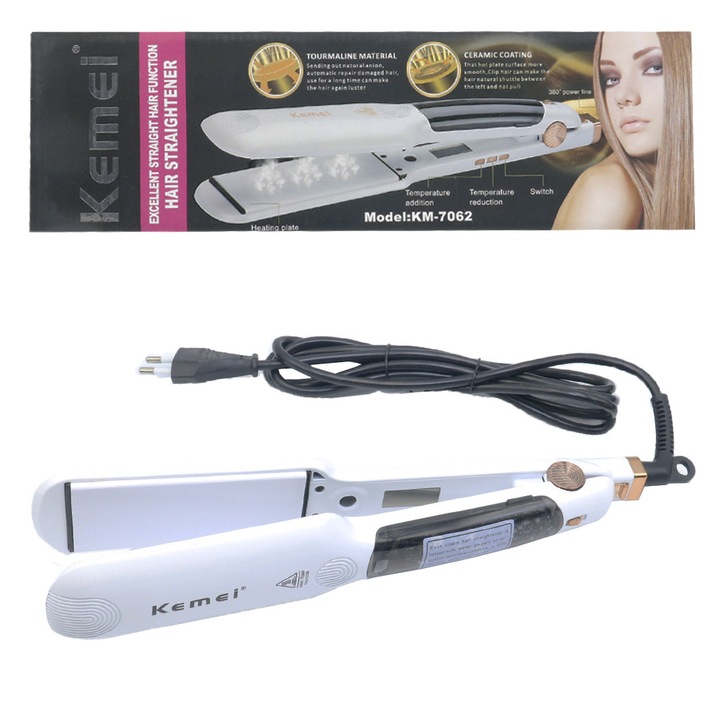 Placa de indreptat parul Kemei KM-7062, ceramica cu turmalina, 120-230°C, 30x6cm, alb