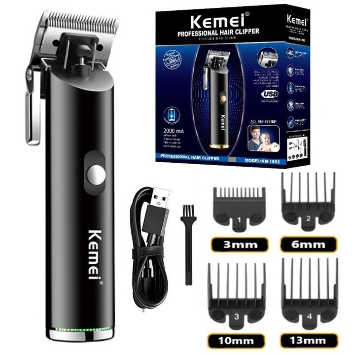 Aparat de tuns Kemei KM-1892, 4 piepteni, 2000 mAh, 17.2x4.5cm, negru