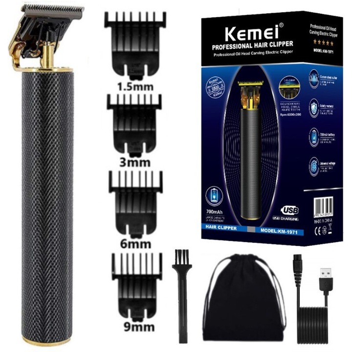 Aparat de tuns Kemei KM-1971, 4 accesorii, 700 mAh, 15x3cm, negru