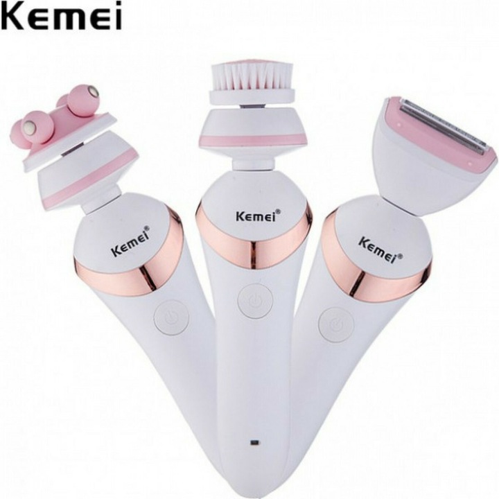 Set Epilare 3 in 1 Kemei KM-7203, alb, 17x3cm, cu cap de ras și perie demachianta
