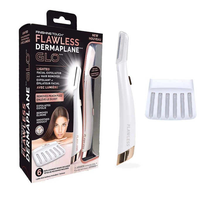 Epilator Flawless Dermaplane Glo, 6 capete, alb, 15.5x3.3x3cm