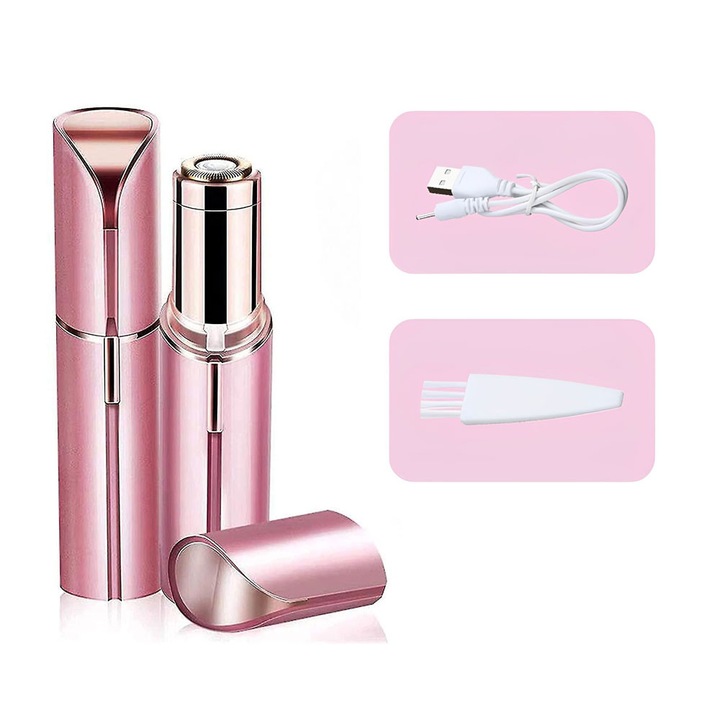 Epilator Flawless, set pentru indepartarea parului, cu LED, roz, 13x3.3x3cm