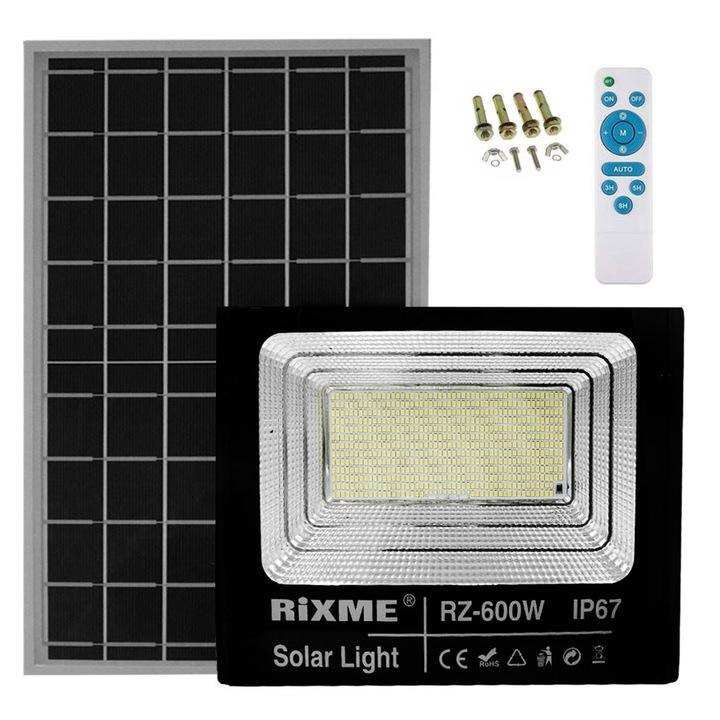 Lampa solara Rixme 600W, 52000LM, IP66, negru, dimensiuni panel 67x44.5x2cm, dimensiuni proiector 39x31x8.5cm