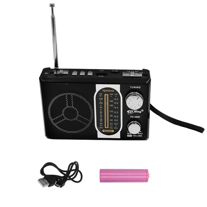 Radio portabil Bluetooth FM/USB/TF cu acumulator, 14x8x4.5cm, negru