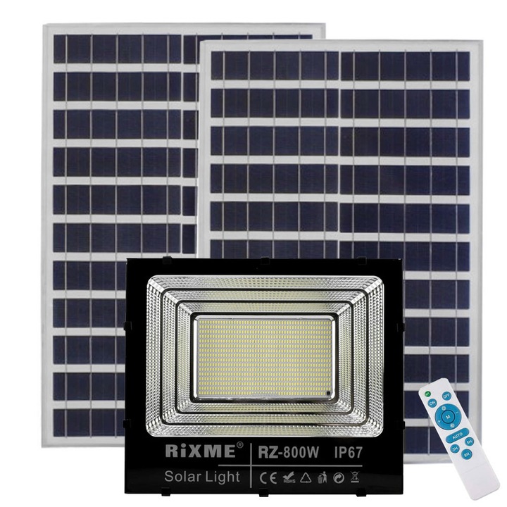 Lampa solara Rixme 800W cu 2 panouri si telecomanda, IP67, 53x35cm, 10.150kg