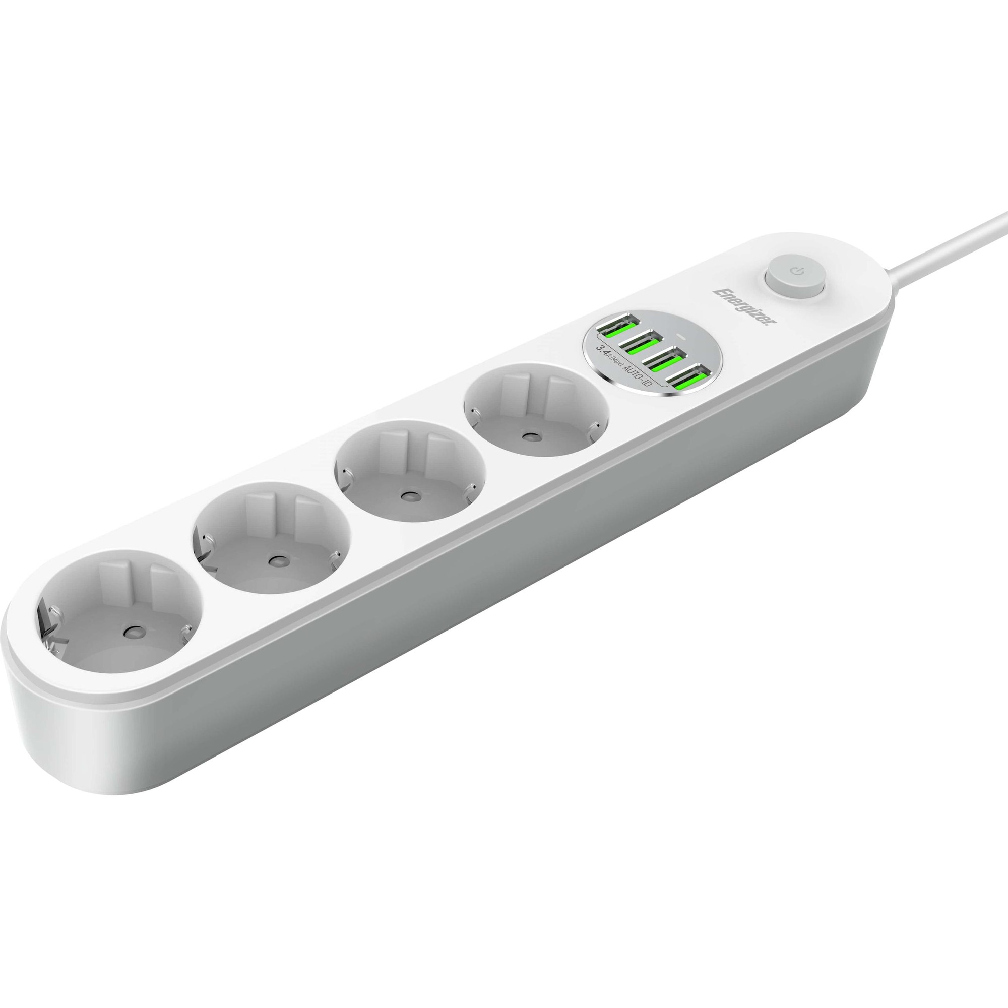 Prelungitor Energizer ENZ00017, 4 x AC Schuko, 4 x USB-A, 2500 W, 10 A, 2 m lungime cablu, Alb