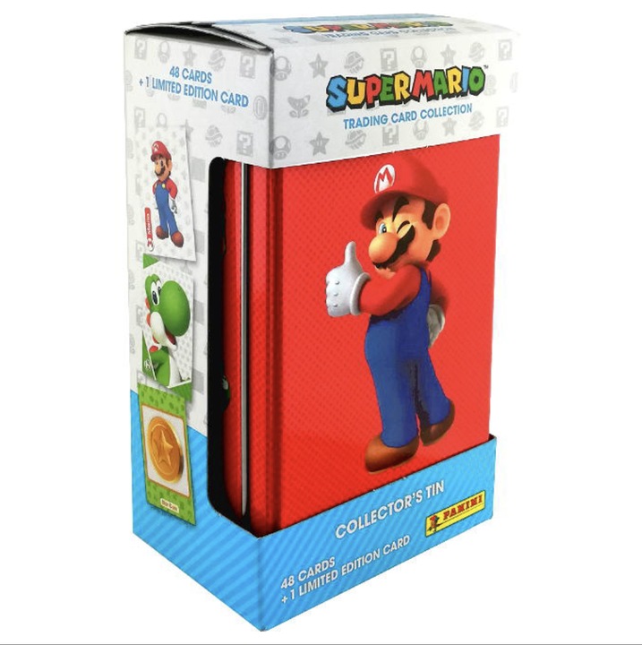 Mega puszka társasjáték Panini Super Mario Trading Cards 2022, 6 db-os bónusz, 48 kártya, 1 limitált kiadású kártya