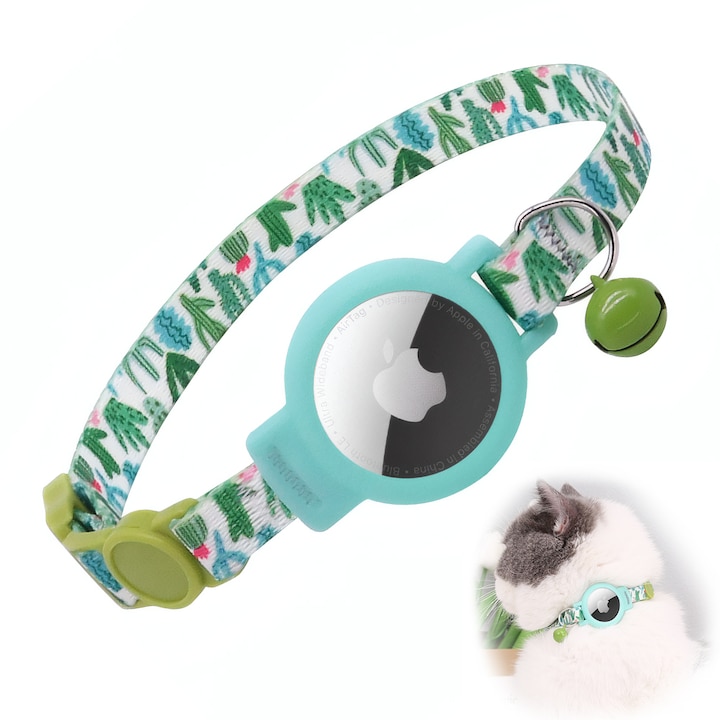 Zgarda pentru pisici, Chucai cu clopotel, ajustabila 20x30cm, verde/multicolor, Compatibil cu pentru AirTag