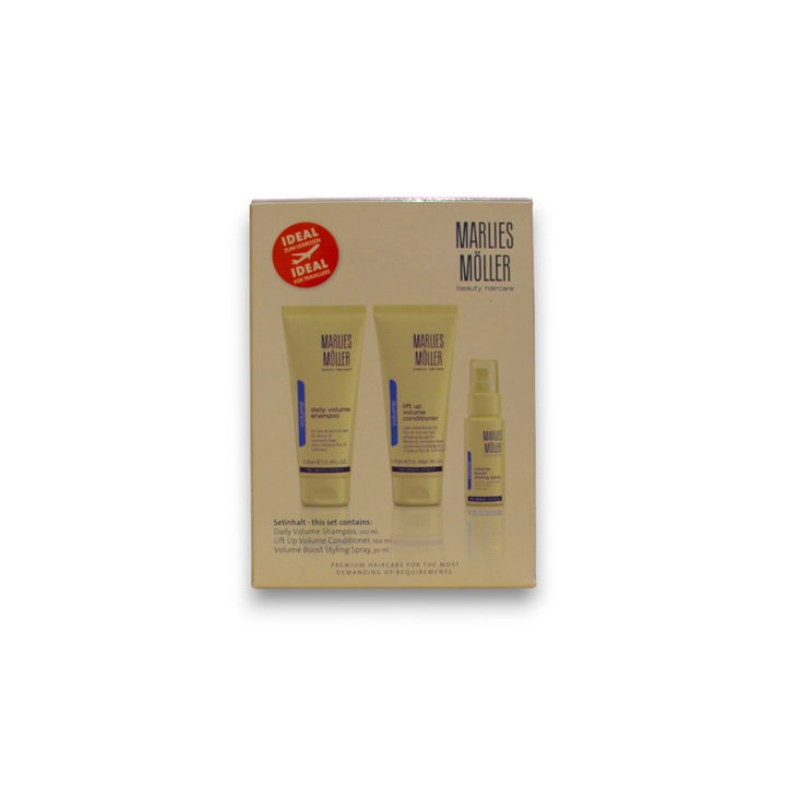 Set Perfect Volume Marlies Moller: Sampon pentru volum 100 ml, Balsam pentru volum 100 ml, Spray pentru volum 100 ml