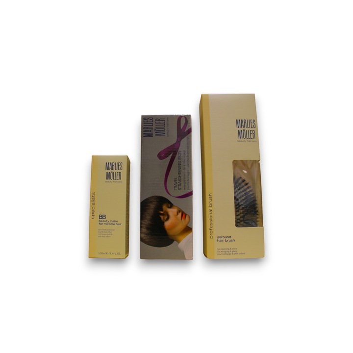 Set Tratamente par Marlies Moller, Ulei de par cu keratina 100 ml, Perie de par, Sleek & Shine