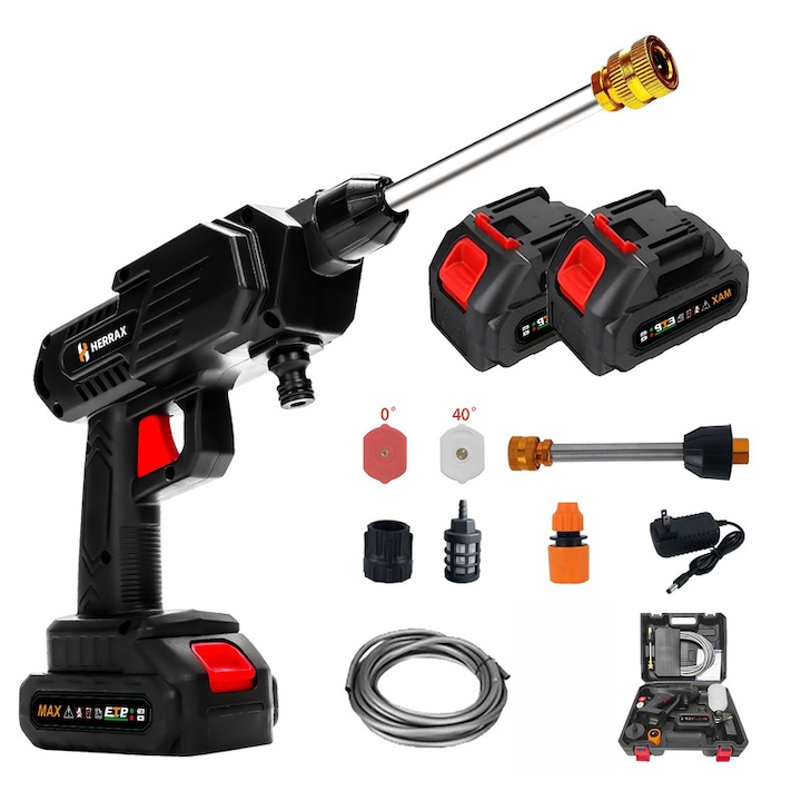Aparat de spalat cu presiune fara fir, Spalator auto high pressure washer HERRAX premium fara fir cu 2×baterii Li-ion 1200mAh-Set 9 accesorii (2 duze 0°/40°, furtun 6.5m, pistol spuma) pentru spalare auto portabila la domiciliu, negru