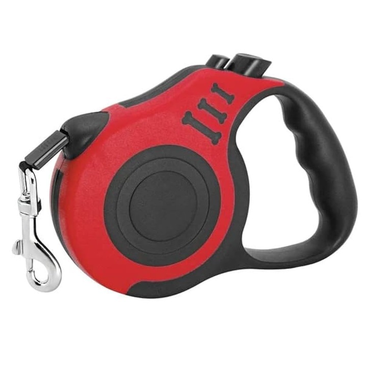 Lesa retractabila pentru caini, cu maner ergonomic Antialunecare, Buton pentru blocare, 5 M, Simplu de utilizat, Rosu/Negru