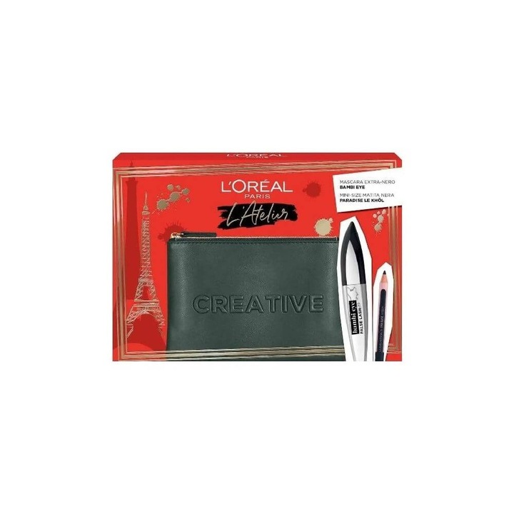 Set trusa de machiaj L'Oreal Paris: Bambi Eye, mascara Extra Black 8.9 ml, Paradise, creion de ochi 1.2 g, geanta textila