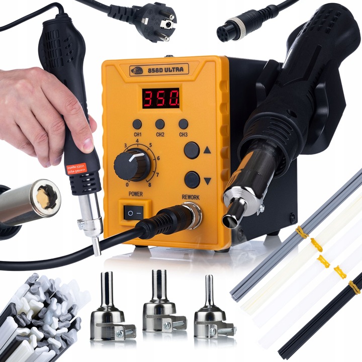 Rosfix 858D Ultra forrasztóállomás, 700 W, 50 db PP/PE/ABS/PVC forrasztópálca készlet, forró levegős