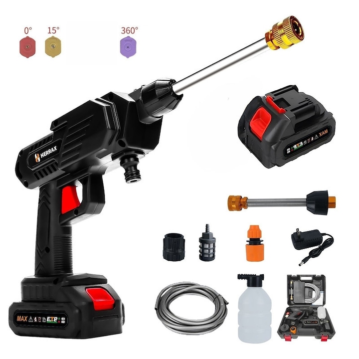 Aparat de spalat cu presiune fara fir, Spalator auto high pressure washer HERRAX nou cu baterie Li-ion 1200mAh - Set 11 accesorii (3 duze 0°/15°/360°, furtun 6.5m, pistol spuma, adaptor sticla) pentru spalat auto, udat gradini si curatare, negru