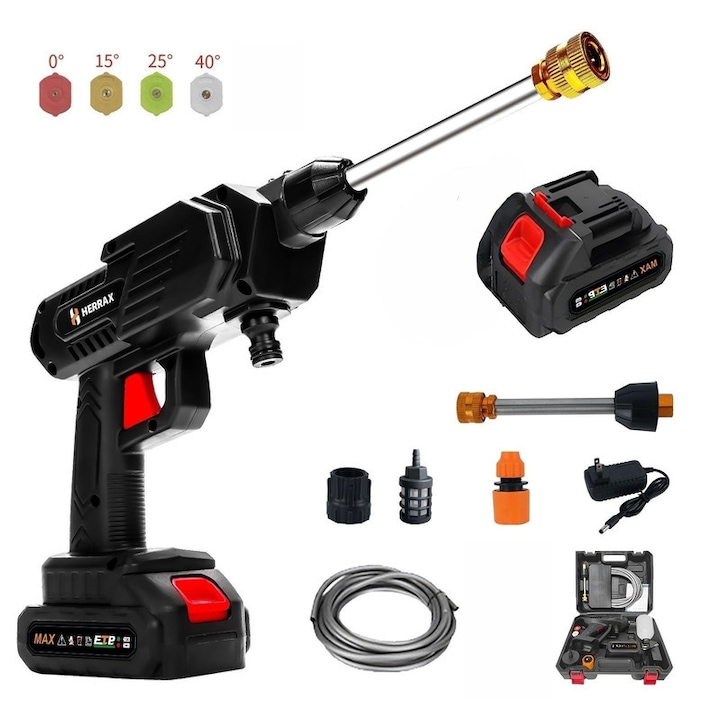 Aparat de spalat cu presiune fara fir, Spalator auto high pressure washer HERRAX fara fir cu baterie Li-ion 1200mAh - Set 11 accesorii (4 duze 0°/15°/25°/40°, furtun 6.5m, pistol spuma) pentru spalare auto portabila la domiciliu, negru