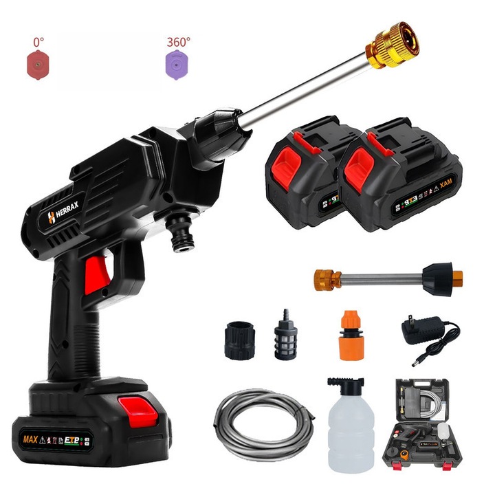 Aparat de spalat cu presiune fara fir, Spalator auto high pressure washer HERRAX presurizat fara fir cu 2×baterii Li-ion 1200mAh - Set 10 accesorii (2 duze 0°/360° rotativa, furtun 6.5m, pistol spuma, adaptor sticla) pentru uz casnic si profesional, negru