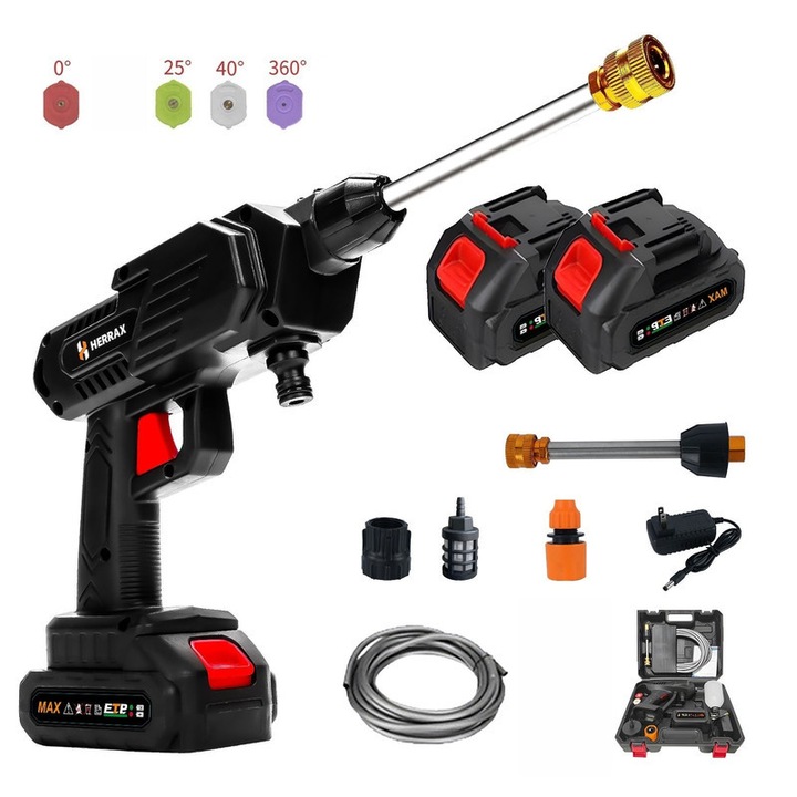 Aparat de spalat cu presiune fara fir, Spalator auto high pressure washer HERRAX premium fara fir cu 2×baterii Li-ion 1200mAh - Set 11 accesorii (4 duze 0°/25°/40°/360°), furtun 6.5m, pistol spuma) pentru spalat auto, udat gradini si pulverizare, negru