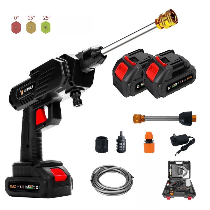 Aparat de spalat cu presiune fara fir, Spalator auto high pressure washer HERRAX premium fara fir cu 2×baterii Li-ion 1200mAh - Set 10 accesorii (3 duze 0°/15°/25°, furtun 6.5m, pistol spuma) pentru spalare auto puternica la domiciliu, negru