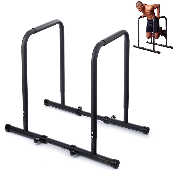 Statie pentru Dips Fizyo, Bare Paralele Reglabile pe Inaltime, pentru Calistenica, Flotari, Antrenament de Forta si Sala de Fitness Acasa, Negru