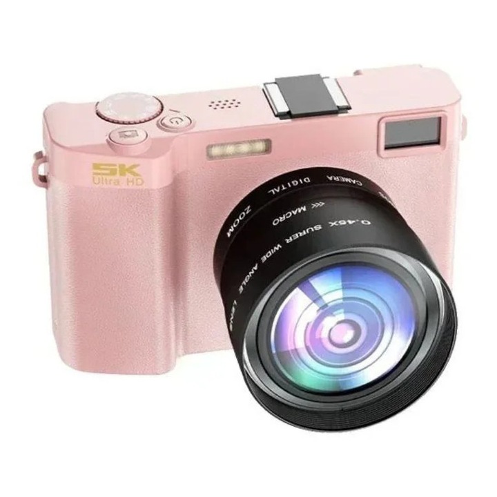 Camera digitala 5K 64MP, WiFi, ecran de 3 inci, zoom 18X, roz si obiectiv