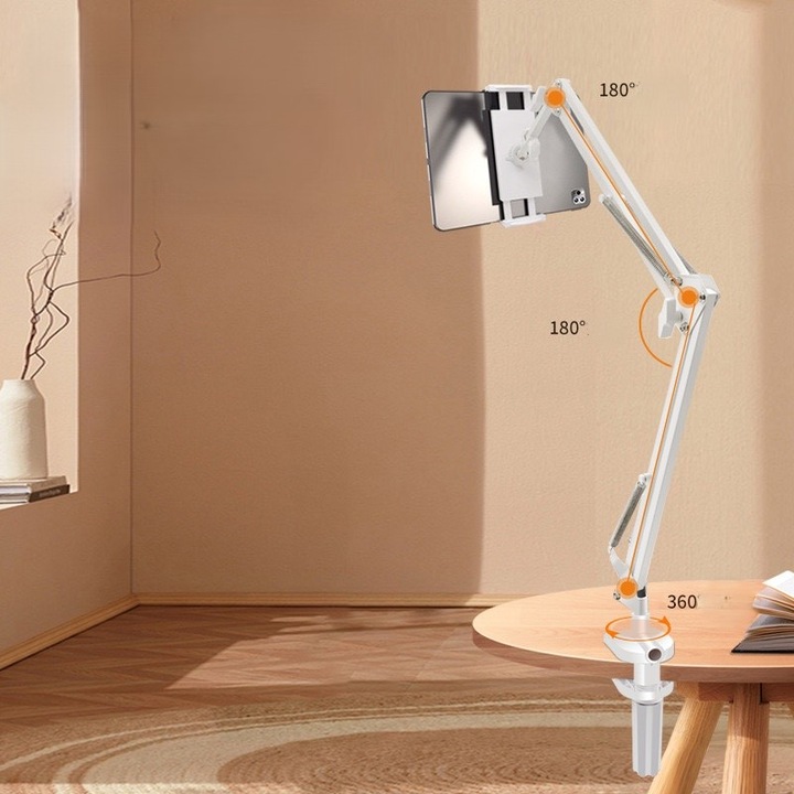 OEM Táblagép tartó, 2 szegmenses mechanikus kar, 360°-os forgatás / integrált talp, fehér