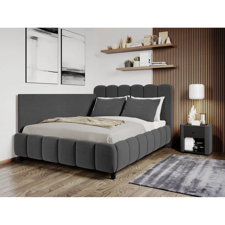 Pat Tapitat de colt, Bari cu Somiera fixa, 140x200, Gri Inchis/Velluto 19