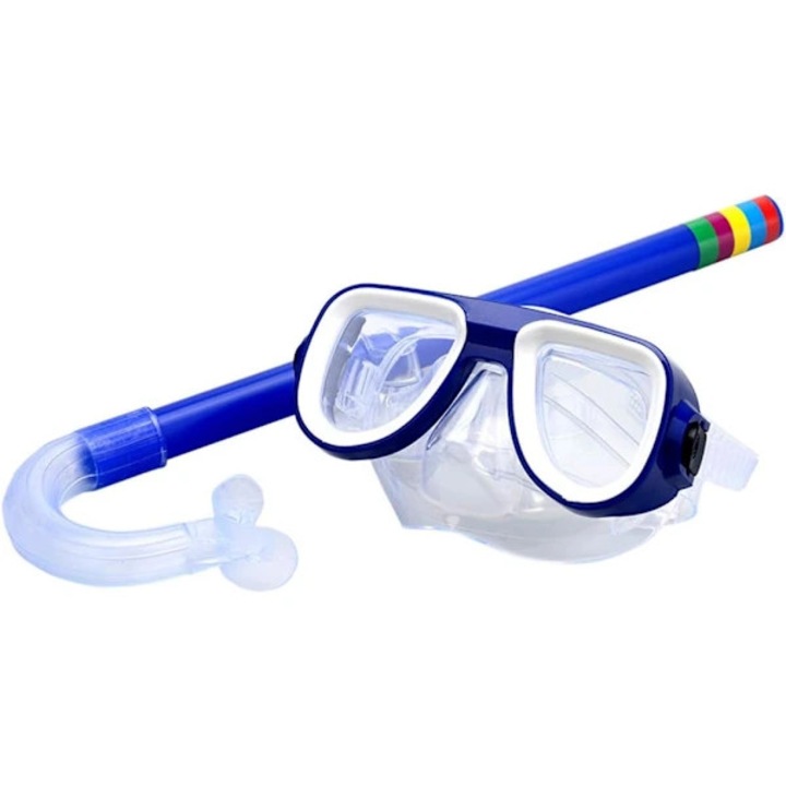 Set masca si snorkel pentru copii, set scufundare cu snorkel uscat, anti-aburire, silicon non-toxic, etans fara scurgeri, bretele reglabile, albastru/multicolor, 1 set, 3-8 ani