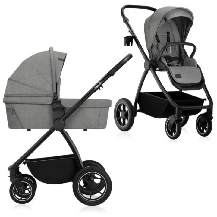 Carucior 2 in 1, Lionelo, Meril, Cu landou si scaun cu dimensiune XL, Reversibil, Cu sistem de ventilatie 3D, Cu accesorii, Pana la 22 kg, Conform cu EN1888-1 EN1888-2, EN1466, Gri
