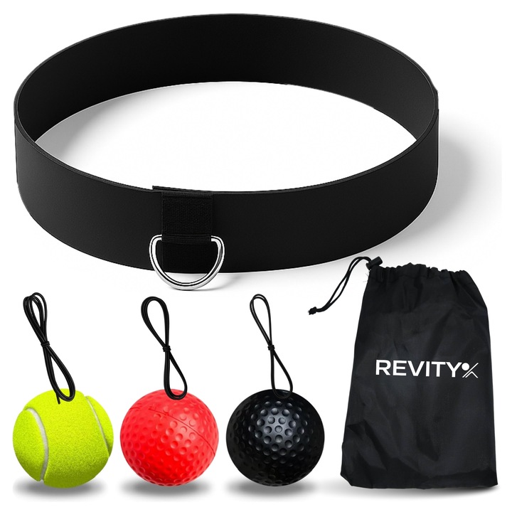 Set 3 Mingi Reflex Box Revity – Banda Reglabila + 3 Benzi Elastice – Antrenament 360° pentru Viteza, Reactie si Coordonare – MMA, Copii, Reabilitare, Acasa, Sala, Parc – Usor, Sigur, Portabil, pentru Toate Varstele