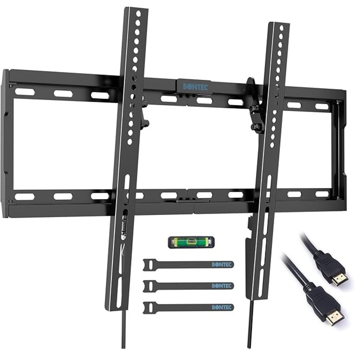 Стенен монтаж за телевизор, универсален, диагонал 37 - 80 инча, макс. 55 кг, накланящ се 10° надолу, VESA макс. 600 x 400, разстояние от стената 32 мм, нивелиран, 1.8 м HDMI кабел, стенни анкери, за плоски или извити телевизори