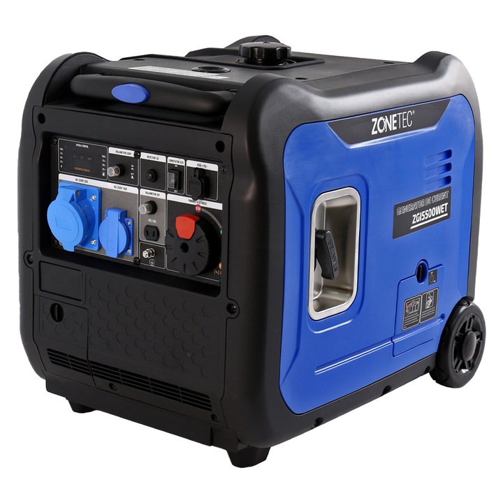 Generator de curent tip inverter Zonetec ZGI5500WET, monofazat, 5.5 kW, roti si maner pliabil pentru transport, pornire electrica