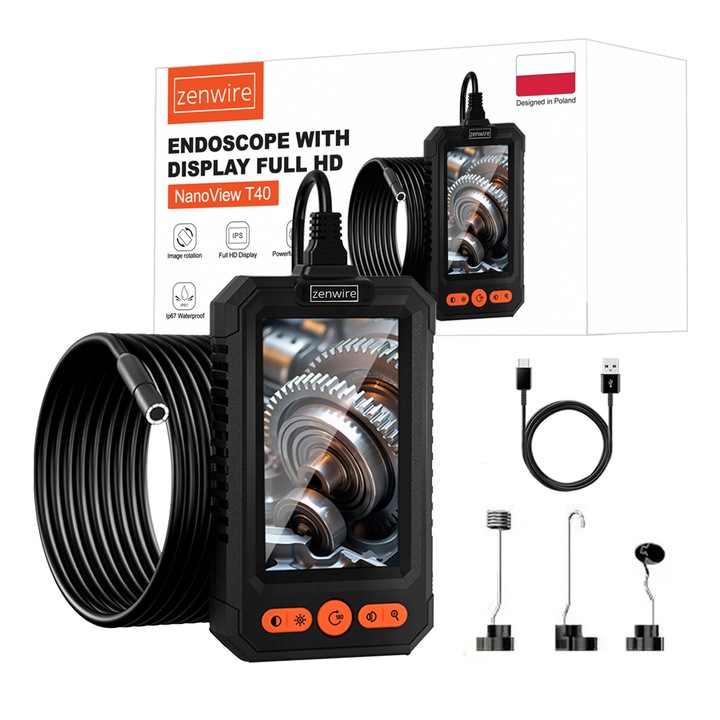 Endoscop Zenwire® T40, Cablu 5 m, Ecran IPS 4.3”, Camera 2 Mpix Ø8 mm, LED 8 nivele, IP67, Zoom 1.5×/2.0×, Contrast Reglabil, Rotire Imagine 180°, Baterie 3000 mAh, USB-C, 3 Capete (Carlig/Oglinda/Magnet), Inspectie Auto/Tehnica, Negru