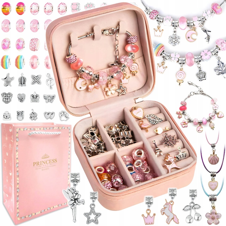 Set de bijuterii cu tematica de sirena, bratara si colier, 60 de piese, cu cutie cadou si ambalaj frumos, cadou creativ pentru fete cu varsta de peste 6 ani, multicolor