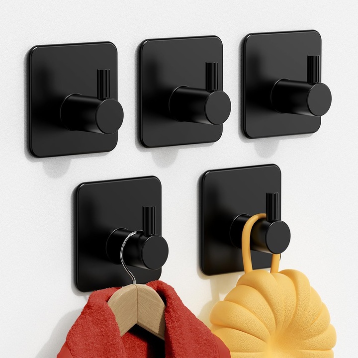 Carlige de perete pentru agatarea hainelor si prosoapelor, 13,6 kg, autoadezive, din otel inoxidabil rezistent la socuri, potrivite pentru bai, dusuri, bucatarii si birouri, negre, pachet de 5