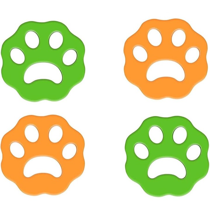 Set 4 dispozitive pentru masina de spalat, pentru indepartarea parului uman sau de animale, scamelor, Diametru 8.5 cm, Silicon, Verde/Portocaliu
