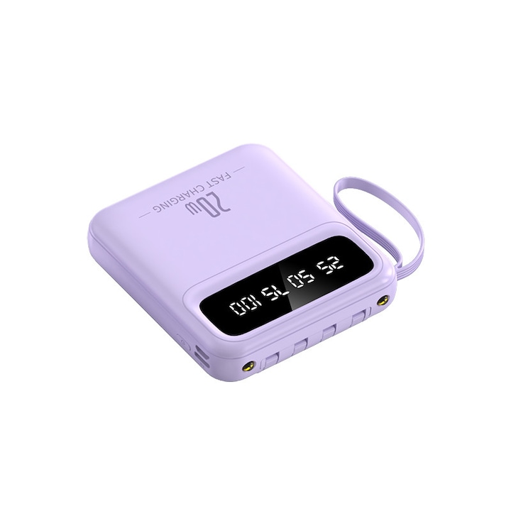 Външна батерия 10000mAh, преносима, цифров дисплей, виолетова, USB-C