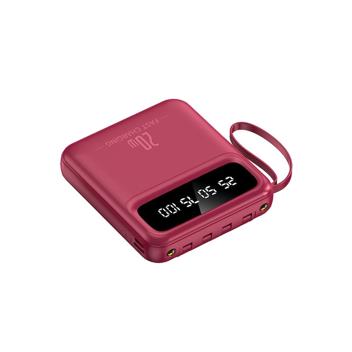 Външна батерия 10000 mAh, розова, с вграден кабел за данни, интелигентен цифров дисплей, множество портове за бързо зареждане