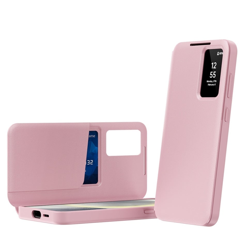 Husa pentru Samsung Galaxy A56 5G tip carte, Skyddar, cu portofel si SmartView, Premium, set cu sticker, Roz