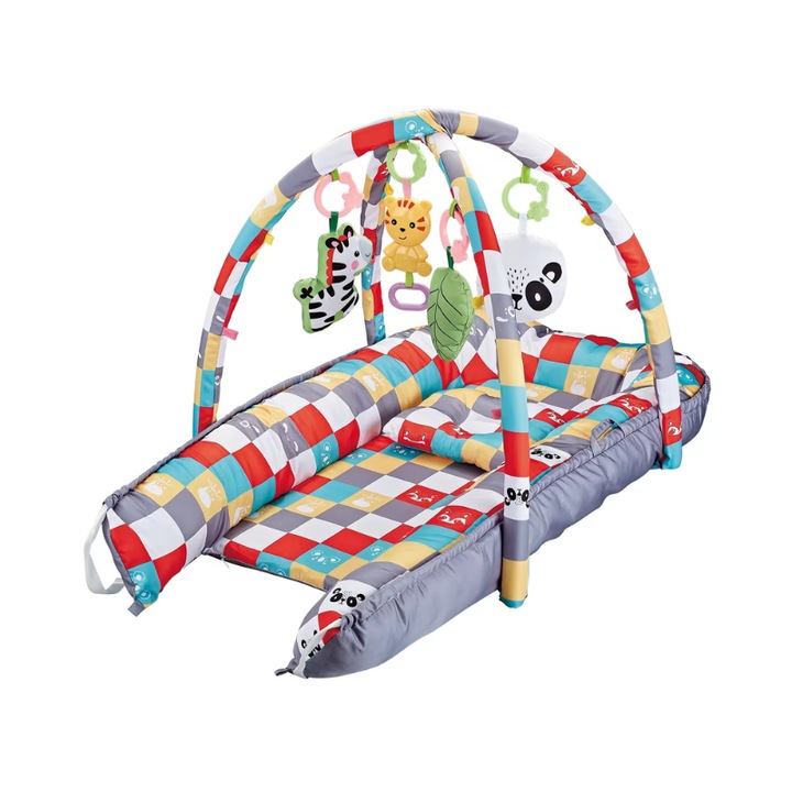 Cuib Interactiv 3 in 1 Ludiro, Saltea de Joaca cu Jucarii Suspendate, Protectie 360°, Dezvoltare Sensoriala si Motrica, Pliabila, 91x55x41 cm