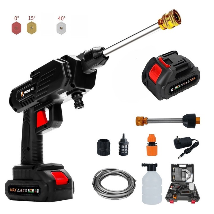 Aparat de spalat cu presiune fara fir, Spalator auto high pressure washer HERRAX nou cu baterie Li-ion 1200mAh - Set 11 accesorii (3 duze 0°/15°/40°, furtun 6.5m, pistol spuma, adaptor sticla) pentru spalat auto, udat gradini si curatare, negru