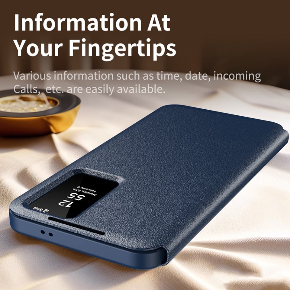 Husa pentru Samsung Galaxy S25 tip carte, Skyddar, cu portofel si SmartView, Premium, set cu sticker, Albastru