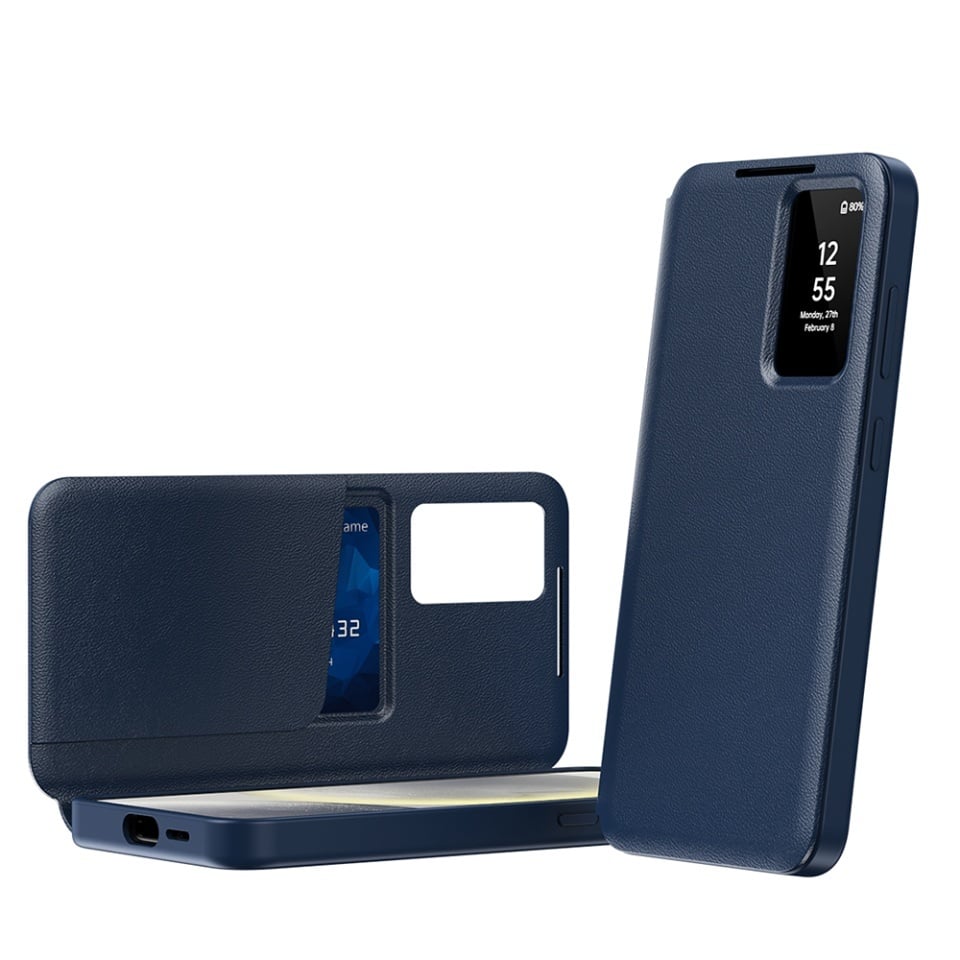 Husa pentru Samsung Galaxy S25 tip carte, Skyddar, cu portofel si SmartView, Premium, set cu sticker, Albastru